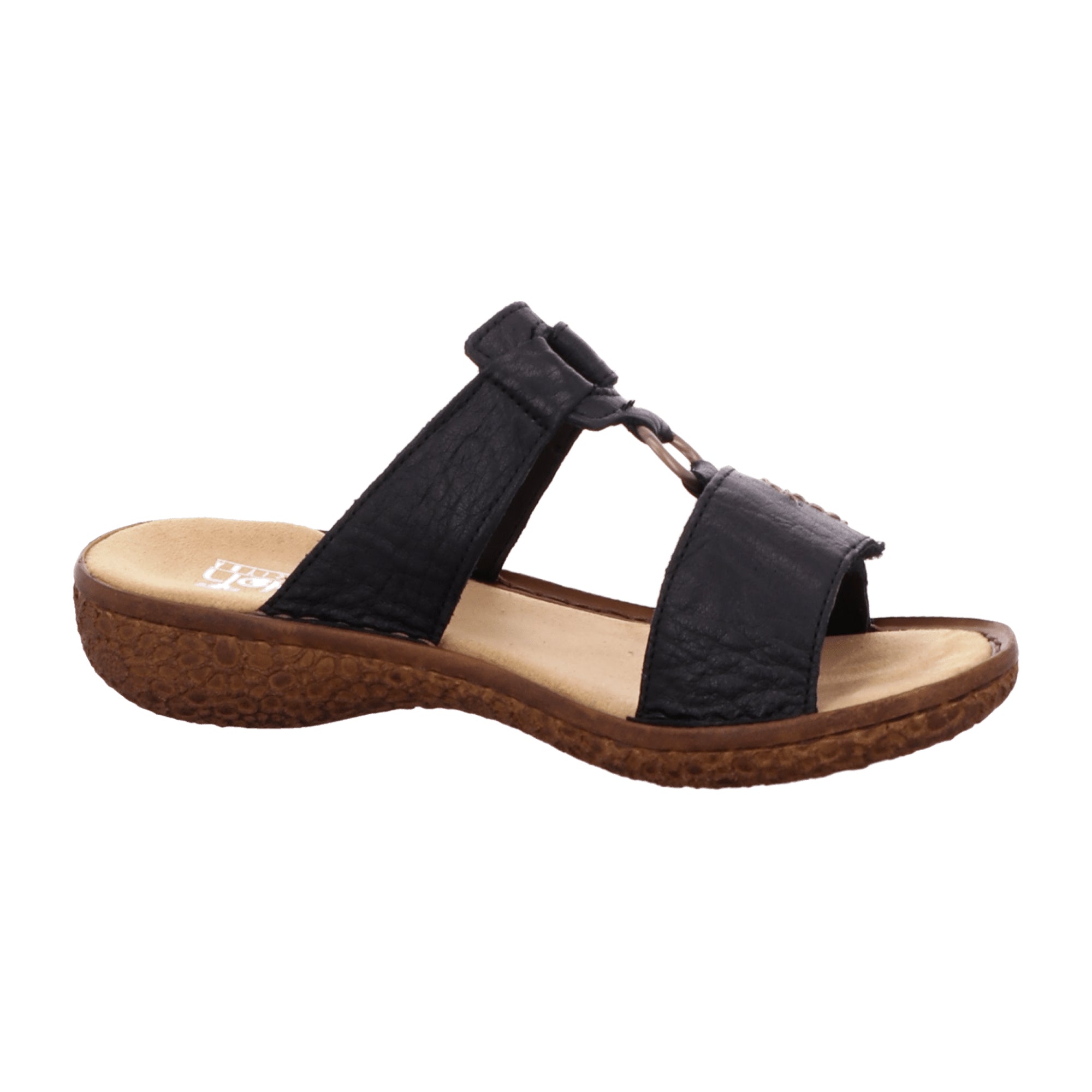 Rieker Women's Black Leather Slide Sandals with 30mm Heel and Velcro Closure