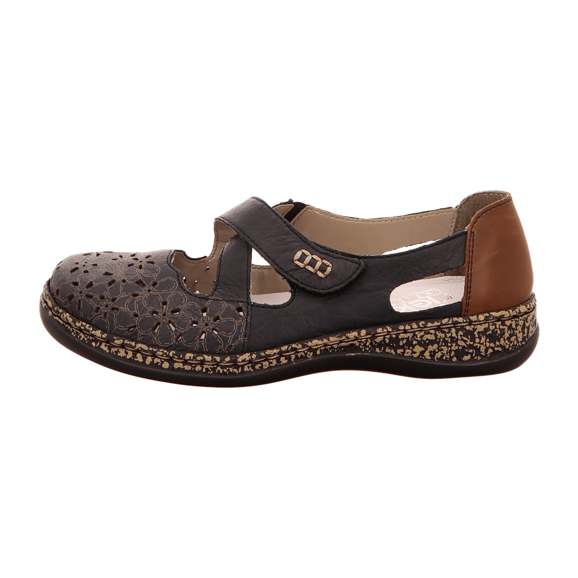 Rieker Damen Slipper Halbschuh Blau Echtleder mit Klettverschluss und Komfort