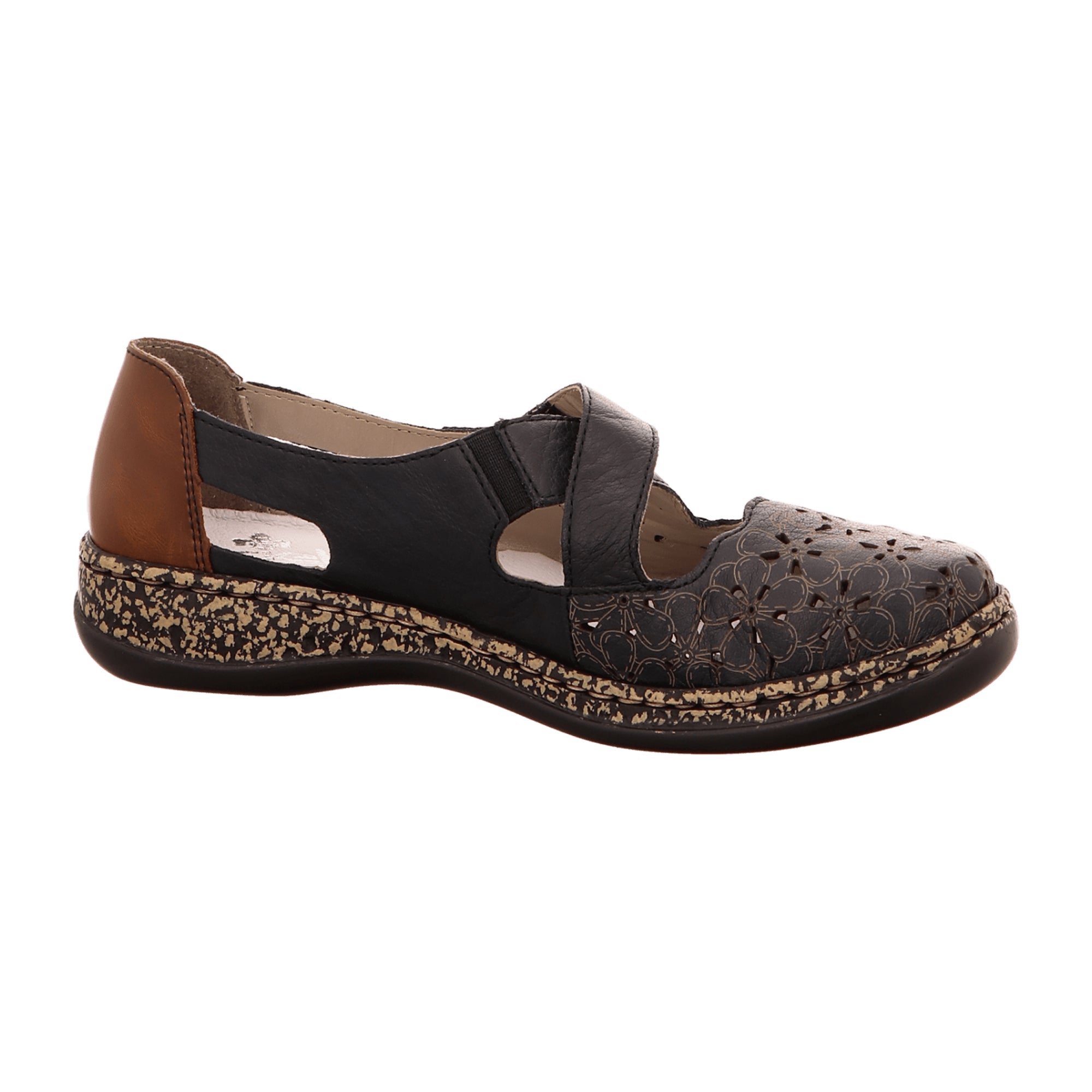 Rieker Damen Slipper Halbschuh Blau Echtleder mit Klettverschluss und Komfort