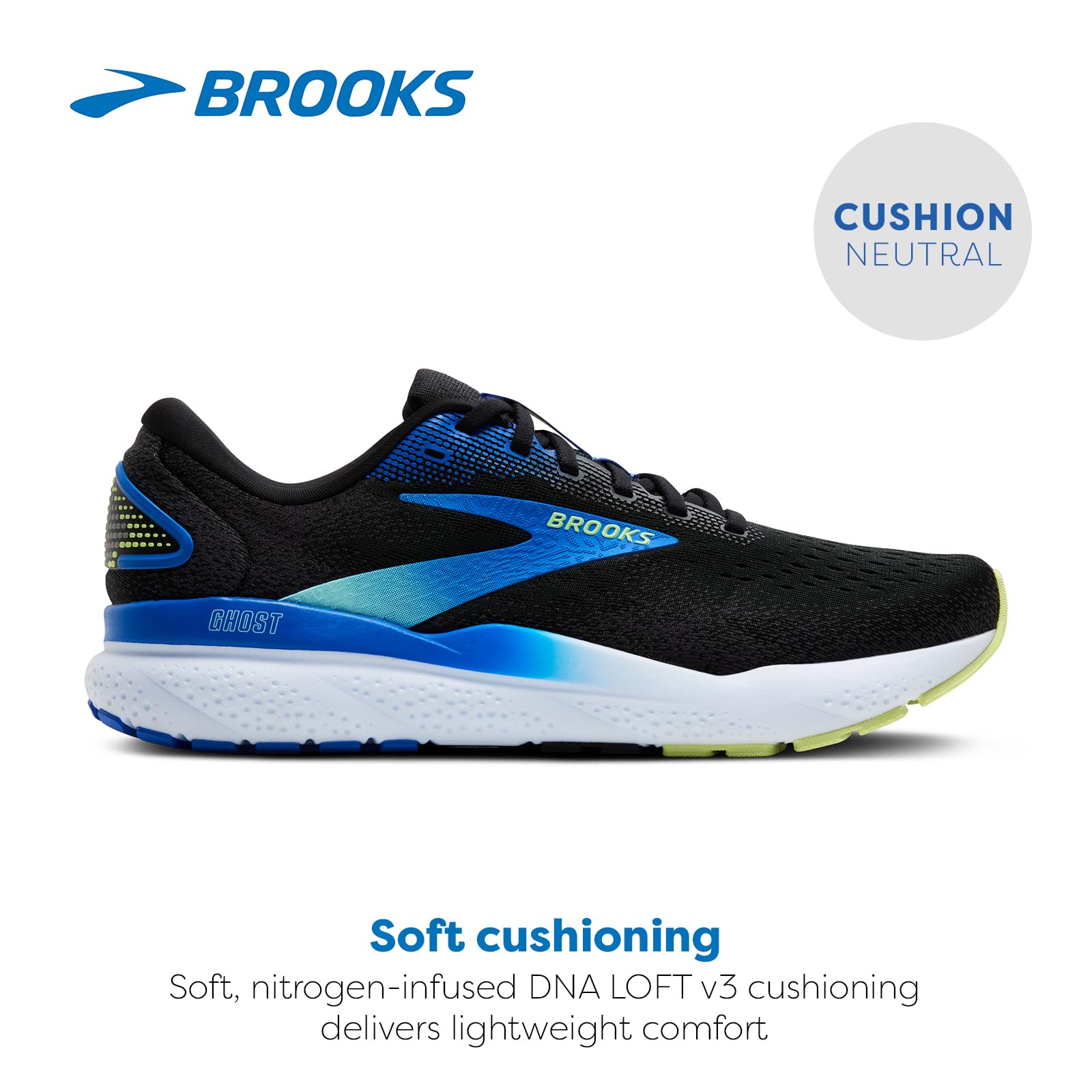 Brooks Ghost 16 Men's Running Shoes Black Cobalt Neo Yellow Slip Resistant