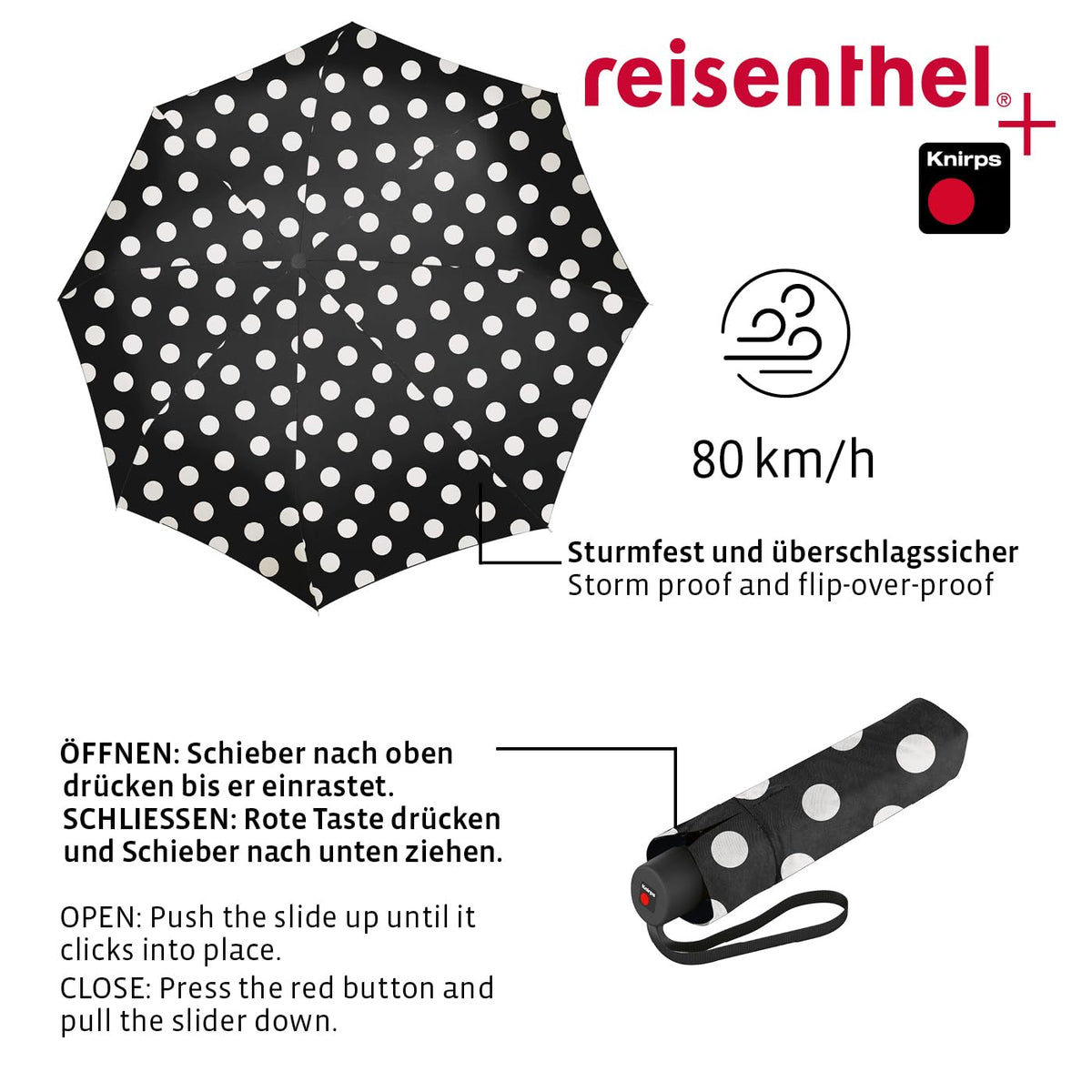 reisenthel umbrella pocket classic - Wind-Resistant Folding Umbrella dots white