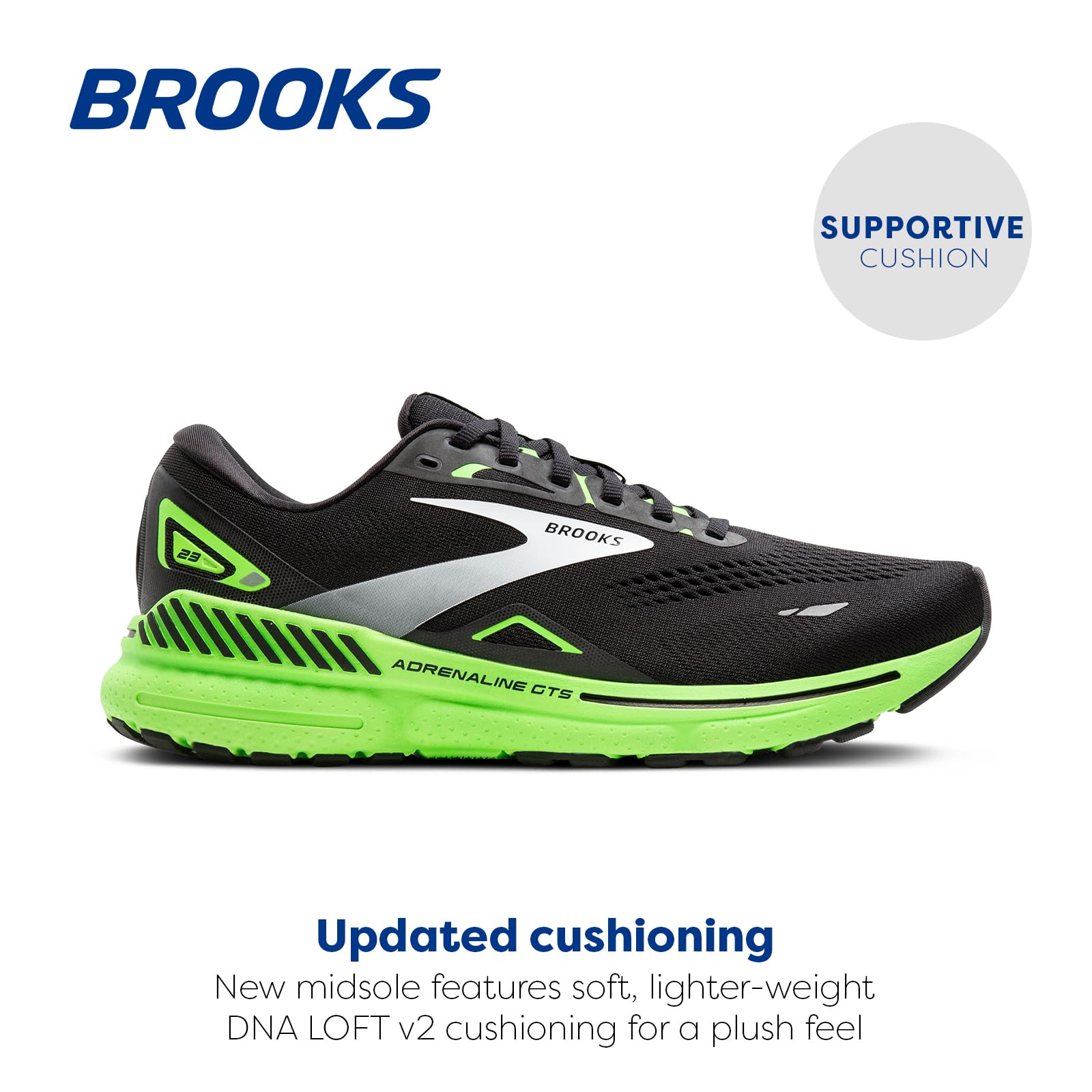 Brooks Men's Adrenaline GTS 23 Stability Running Shoes - Black/Green Gecko/White