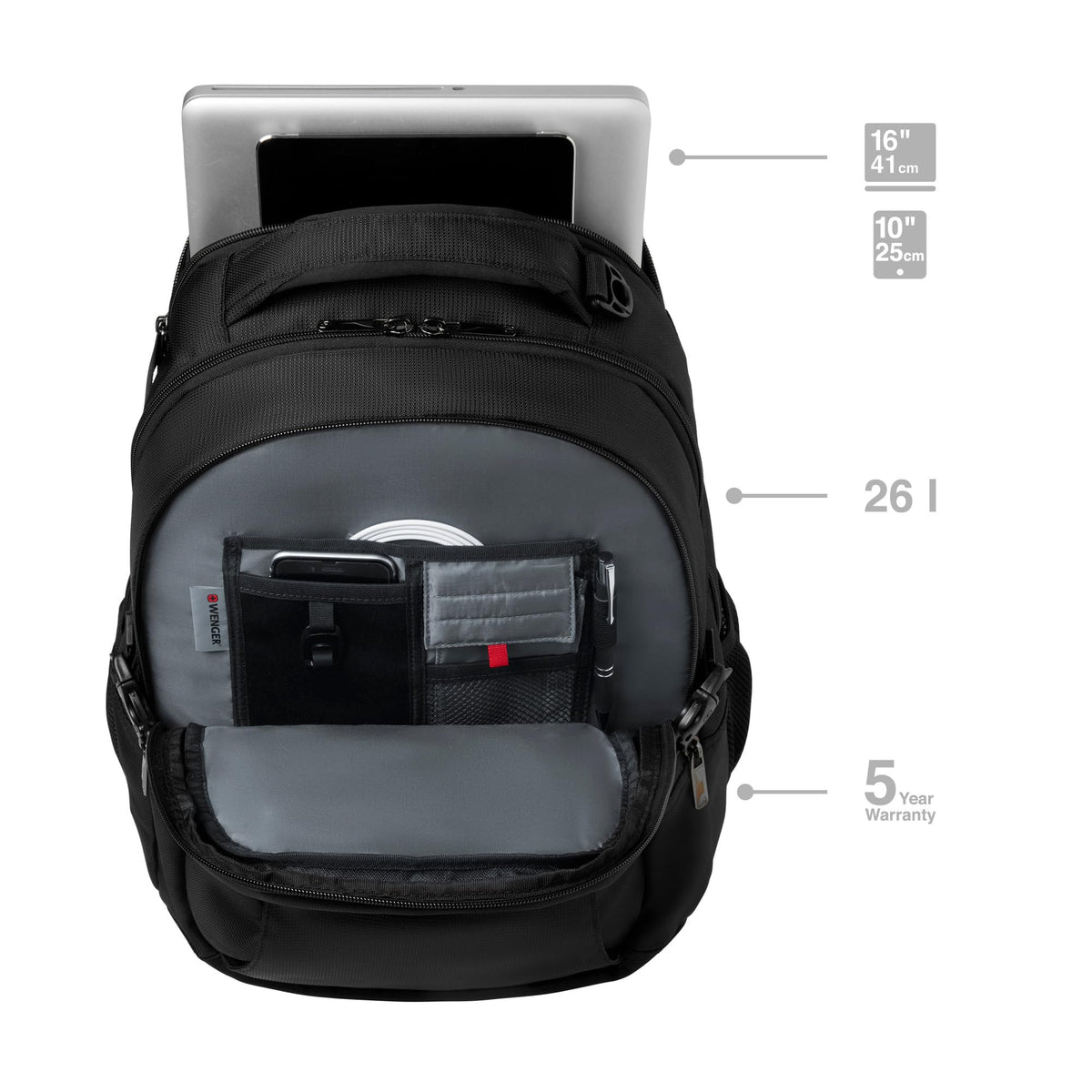 WENGER Sidebar Laptop Backpack 26L - Black Polyester Backpack for 16" Notebook