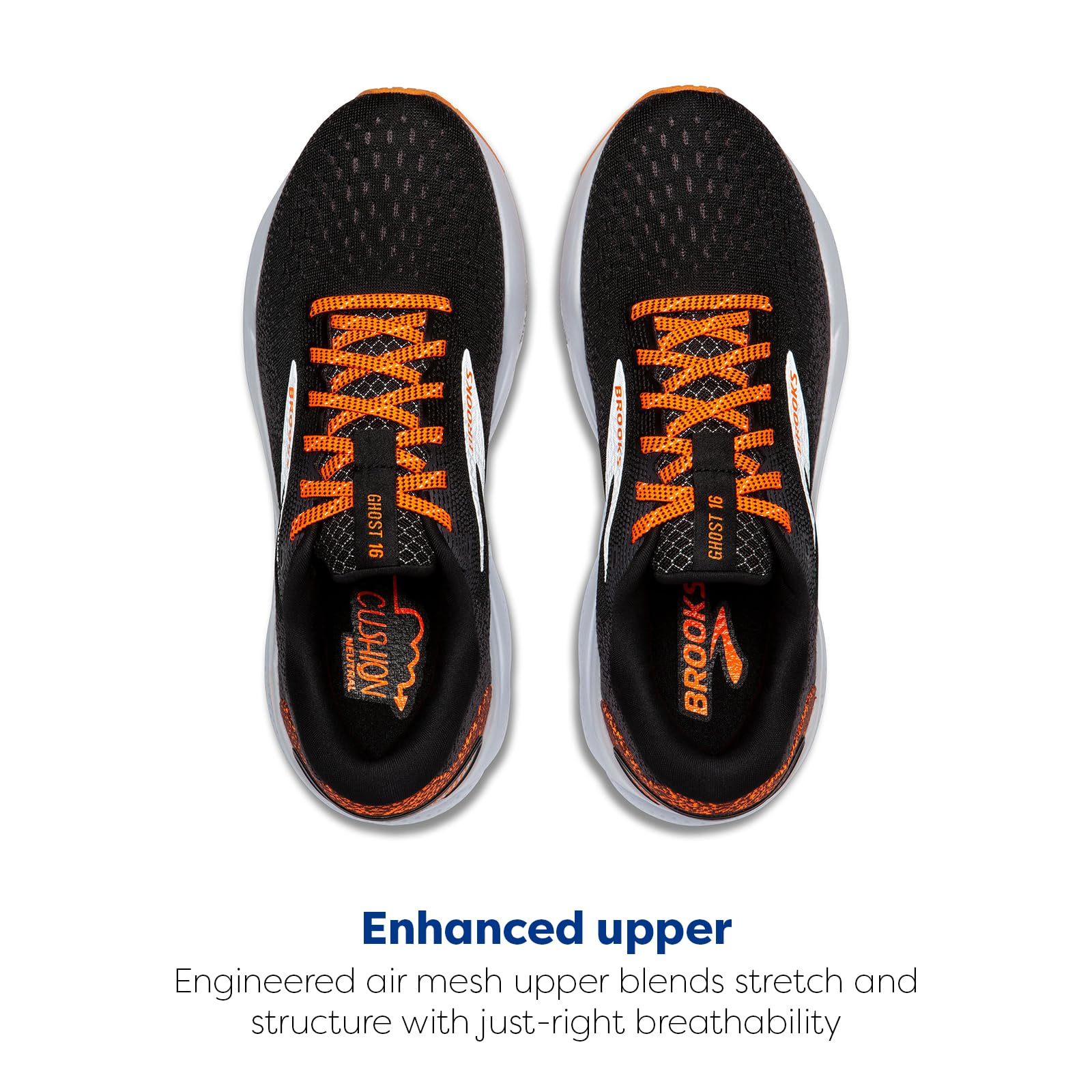 Brooks Ghost 16 Men Trainers Black Orange White Cushioned Cotton Rubber