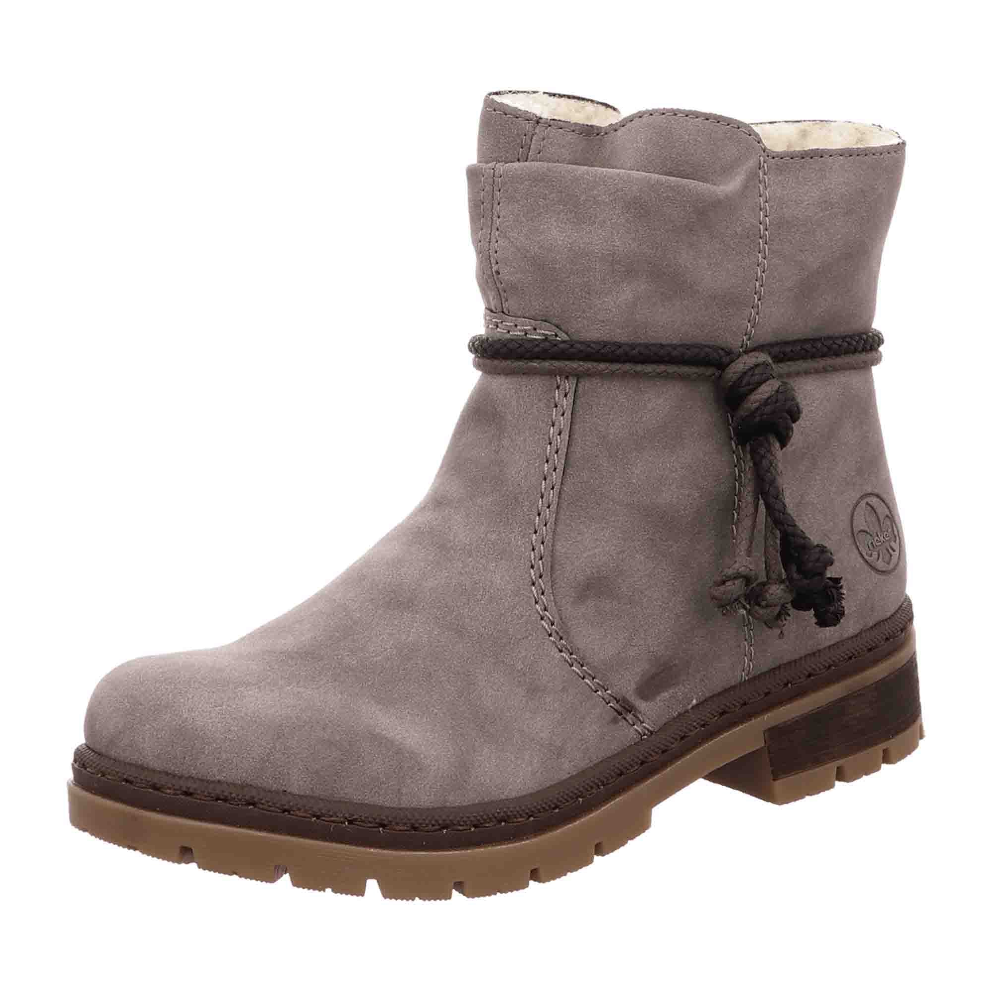 Rieker Ladies Grey Warm Lined Short Boots with Zipper and Decorative Laces