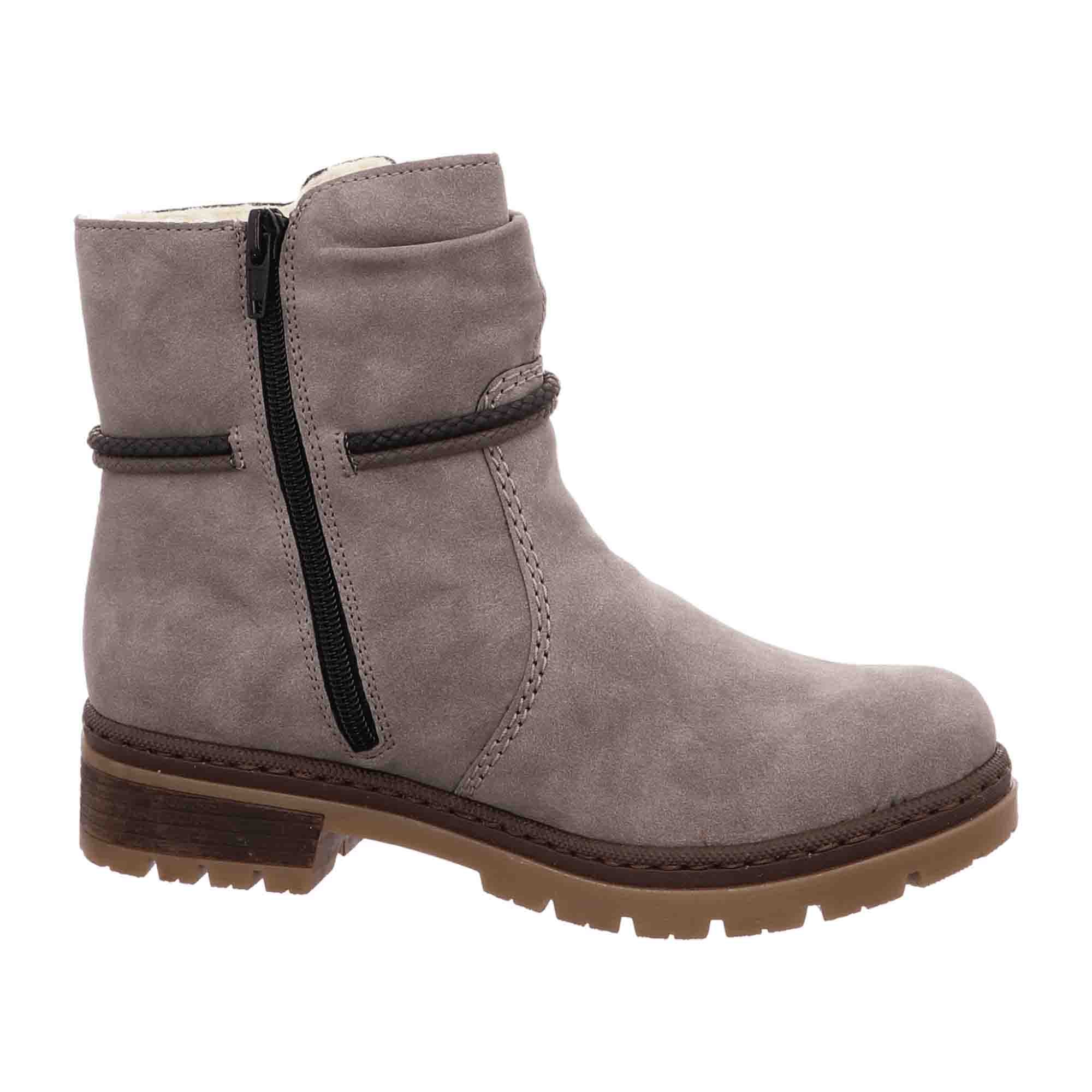 Rieker Ladies Grey Warm Lined Short Boots with Zipper and Decorative Laces