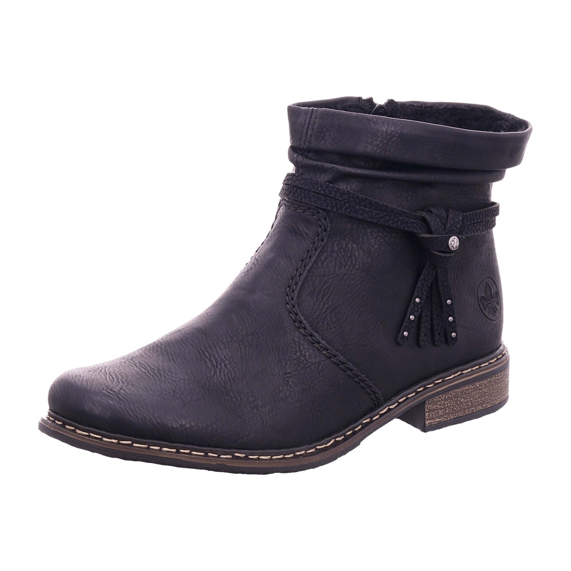 Rieker Z4953 Black Ankle Boots for Women with Side Zipper and Decorative Straps