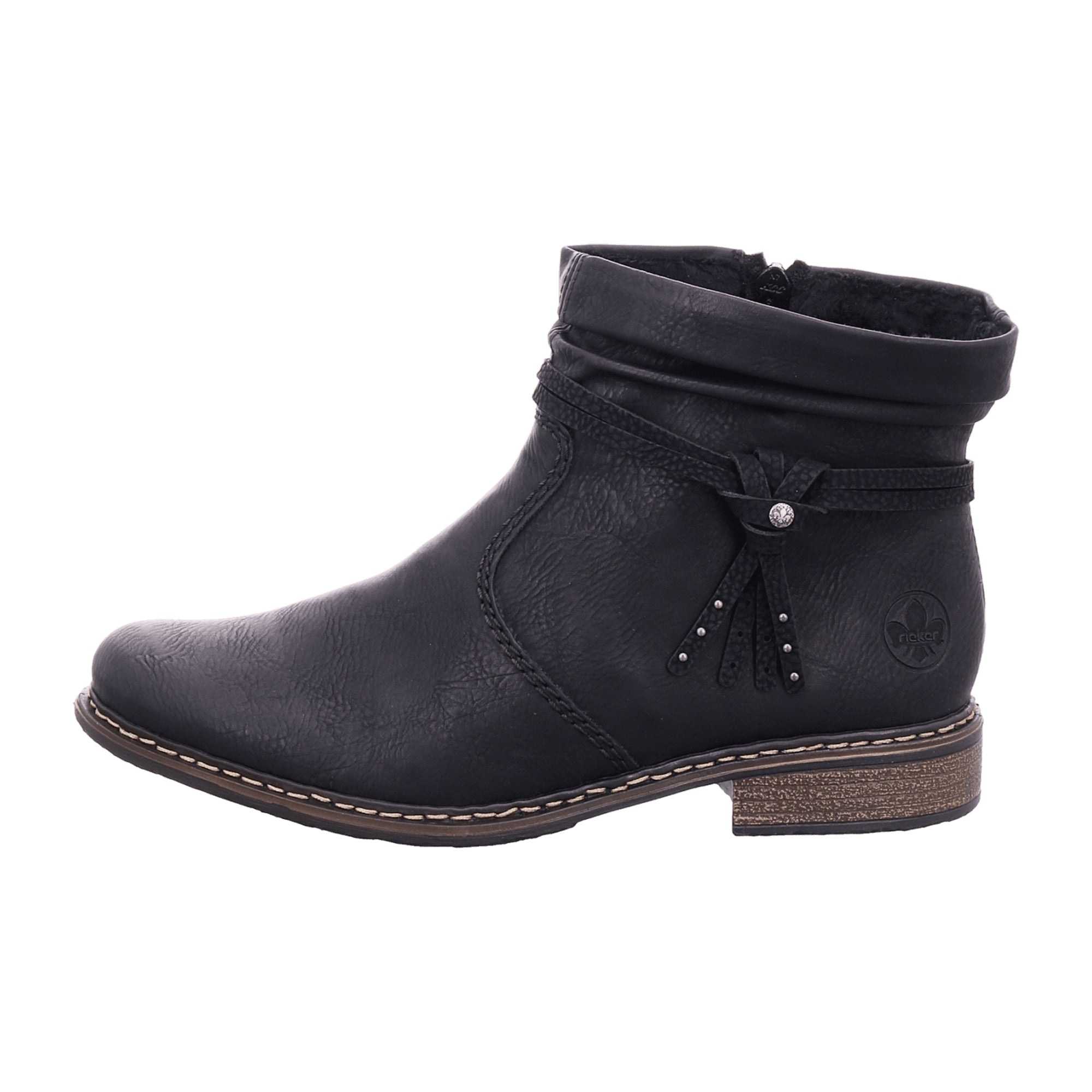 Rieker Z4953 Black Ankle Boots for Women with Side Zipper and Decorative Straps