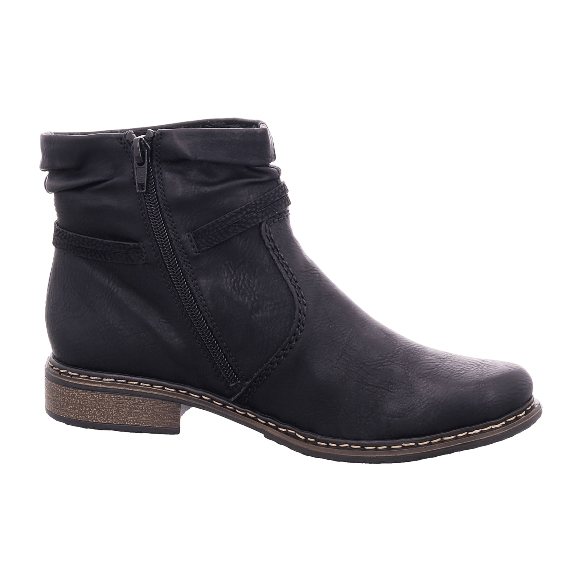 Rieker Z4953 Black Ankle Boots for Women with Side Zipper and Decorative Straps