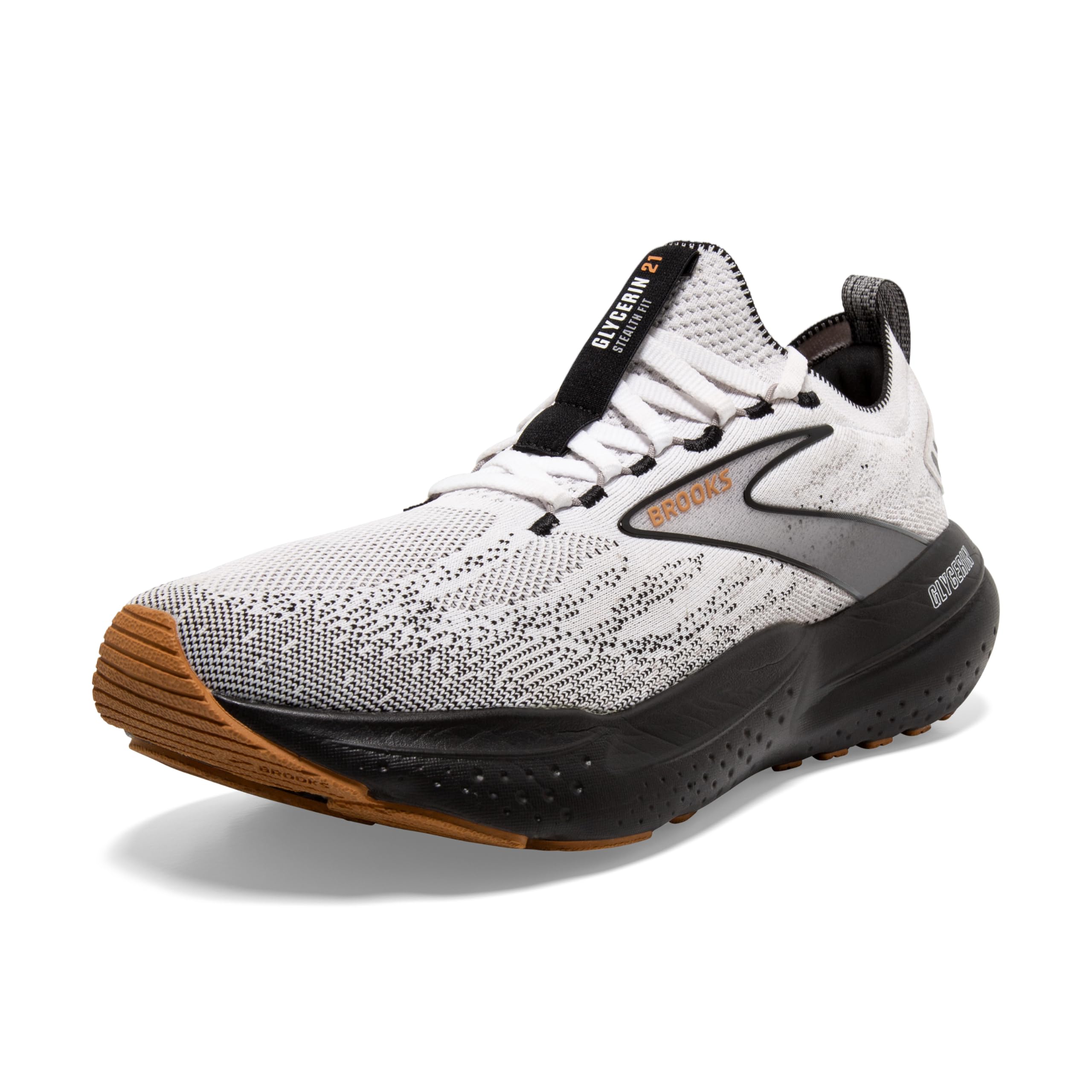 Brooks Men's Glycerin 21 StealthFit Neutral Running Shoes – Cushioned, White/Gray/Black