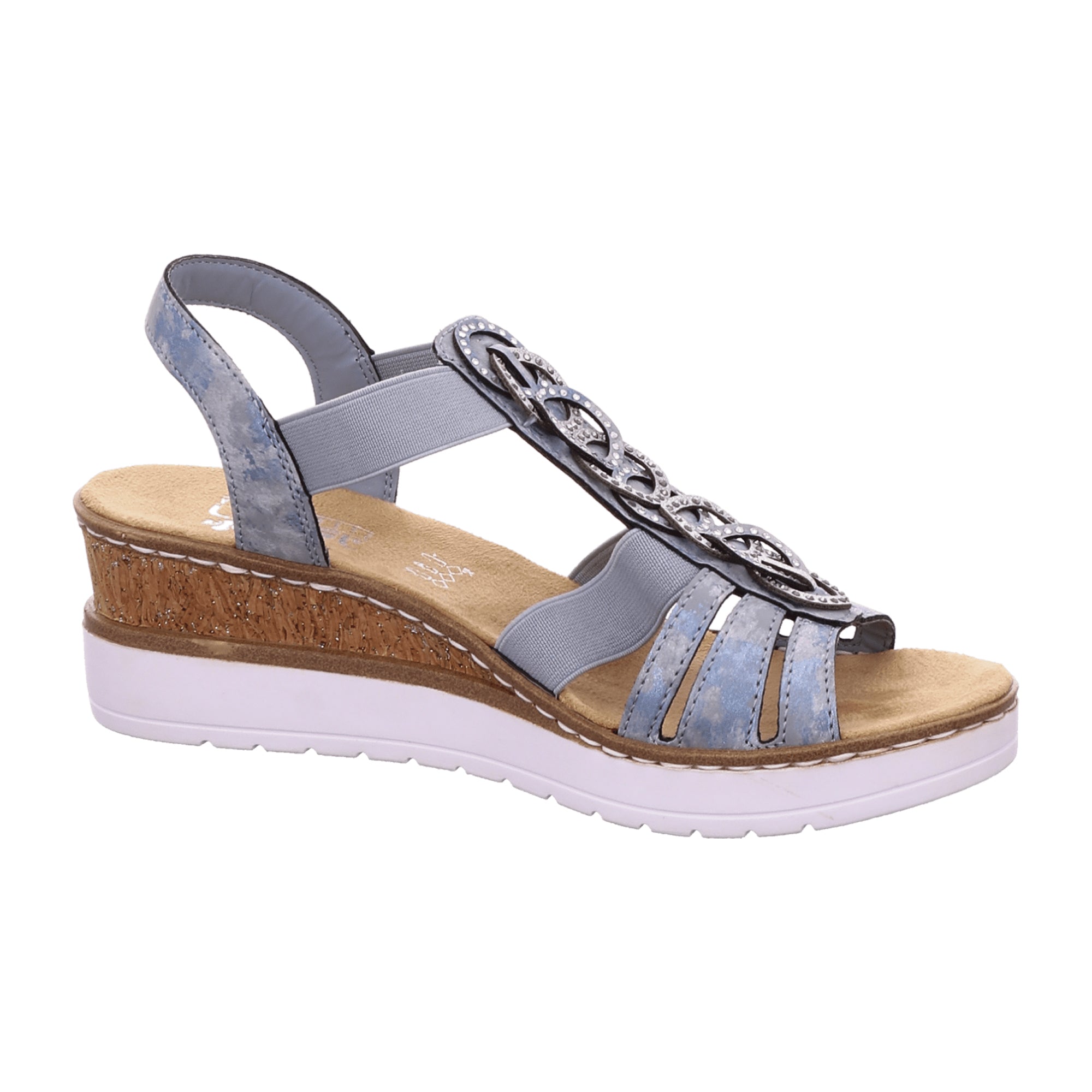 Rieker Women’s Blue Wedge Sandals with Elastic and Decorative Straps