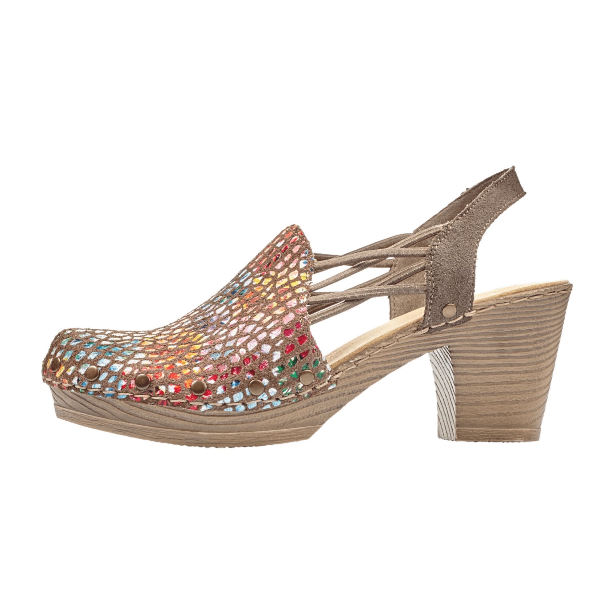 Rieker FSK Women's Colorful Leather Sandals with Elastic Strap and Block Heel