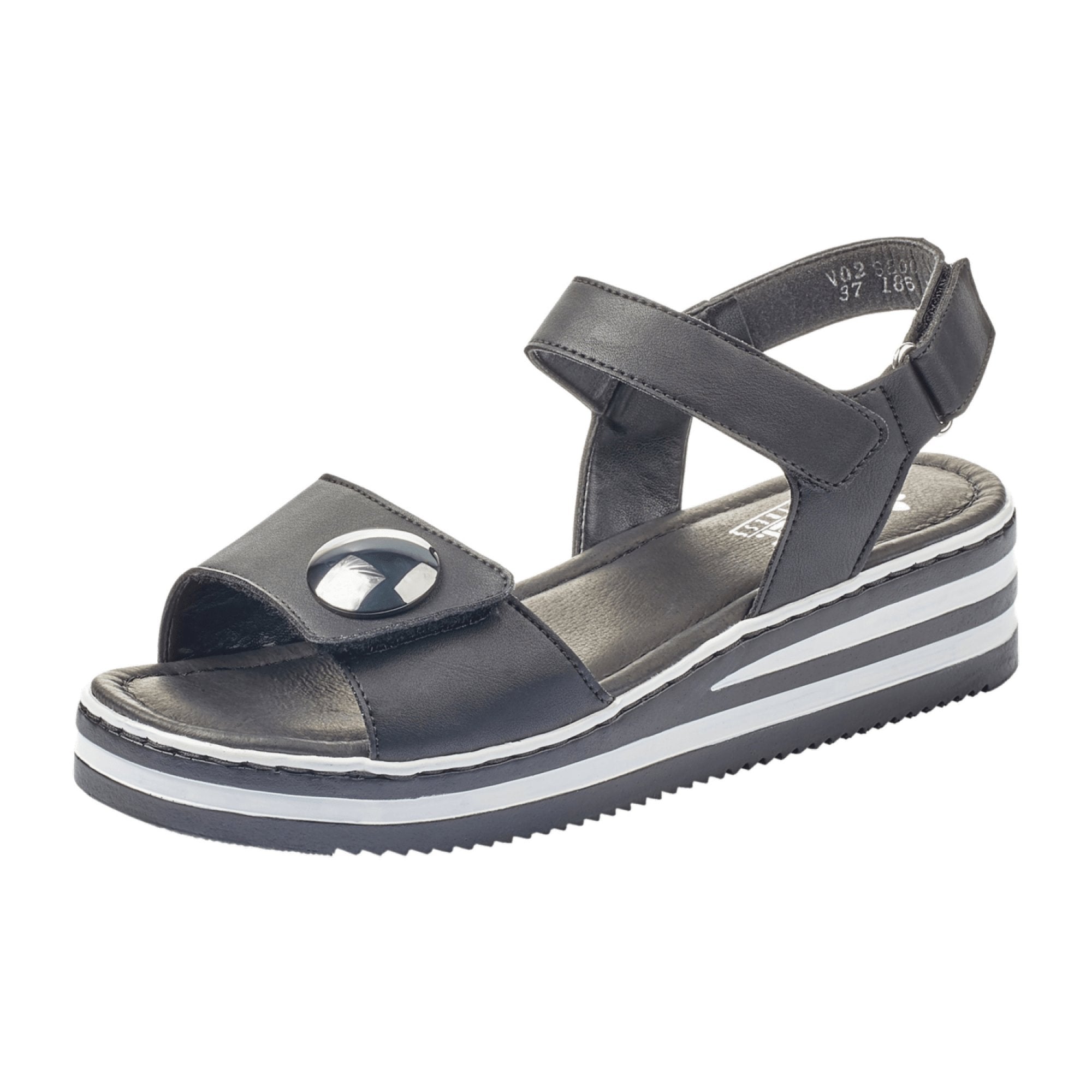 Rieker Comfortable Black Women's Sandals with Wedge Heel and Velcro Strap