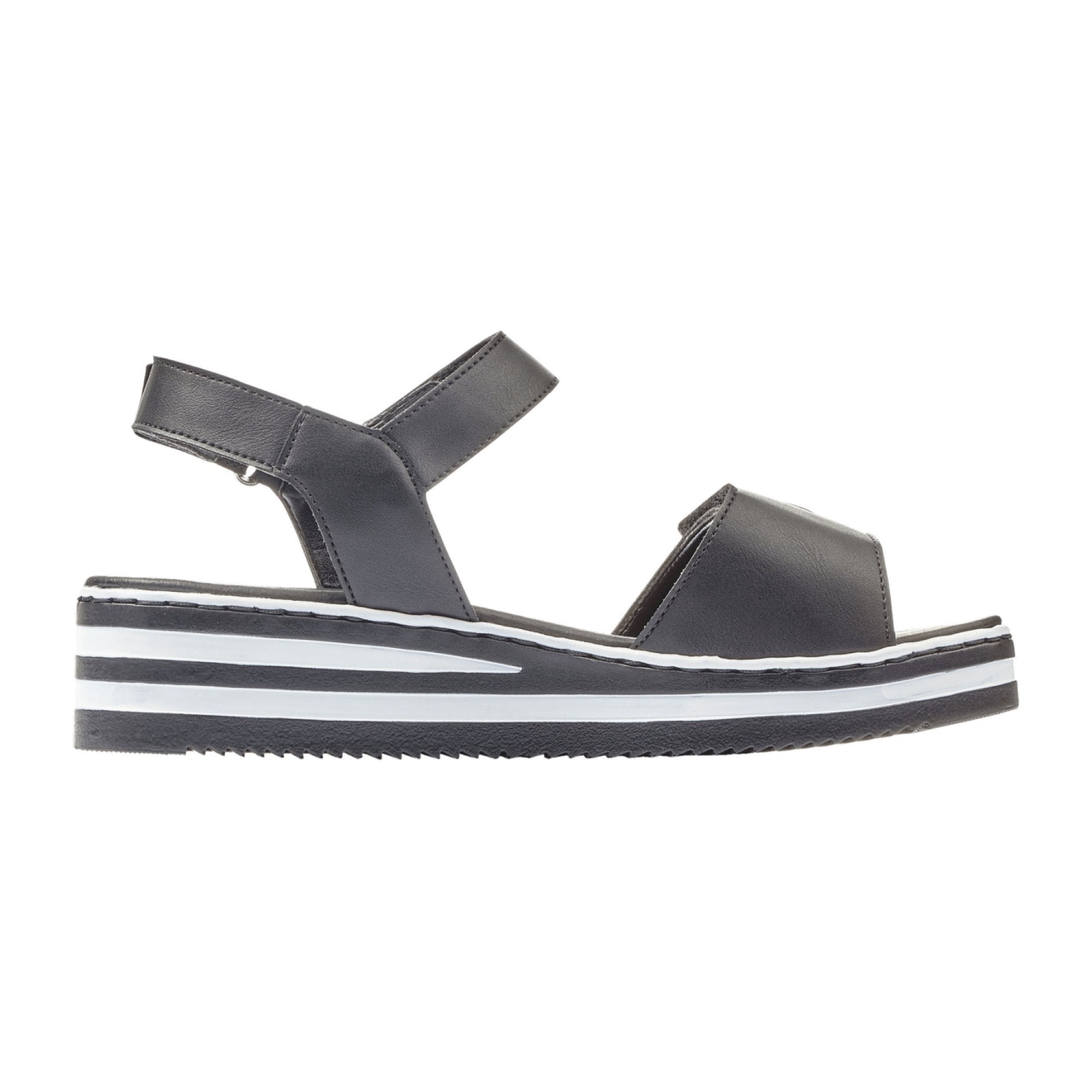 Rieker Comfortable Black Women's Sandals with Wedge Heel and Velcro Strap