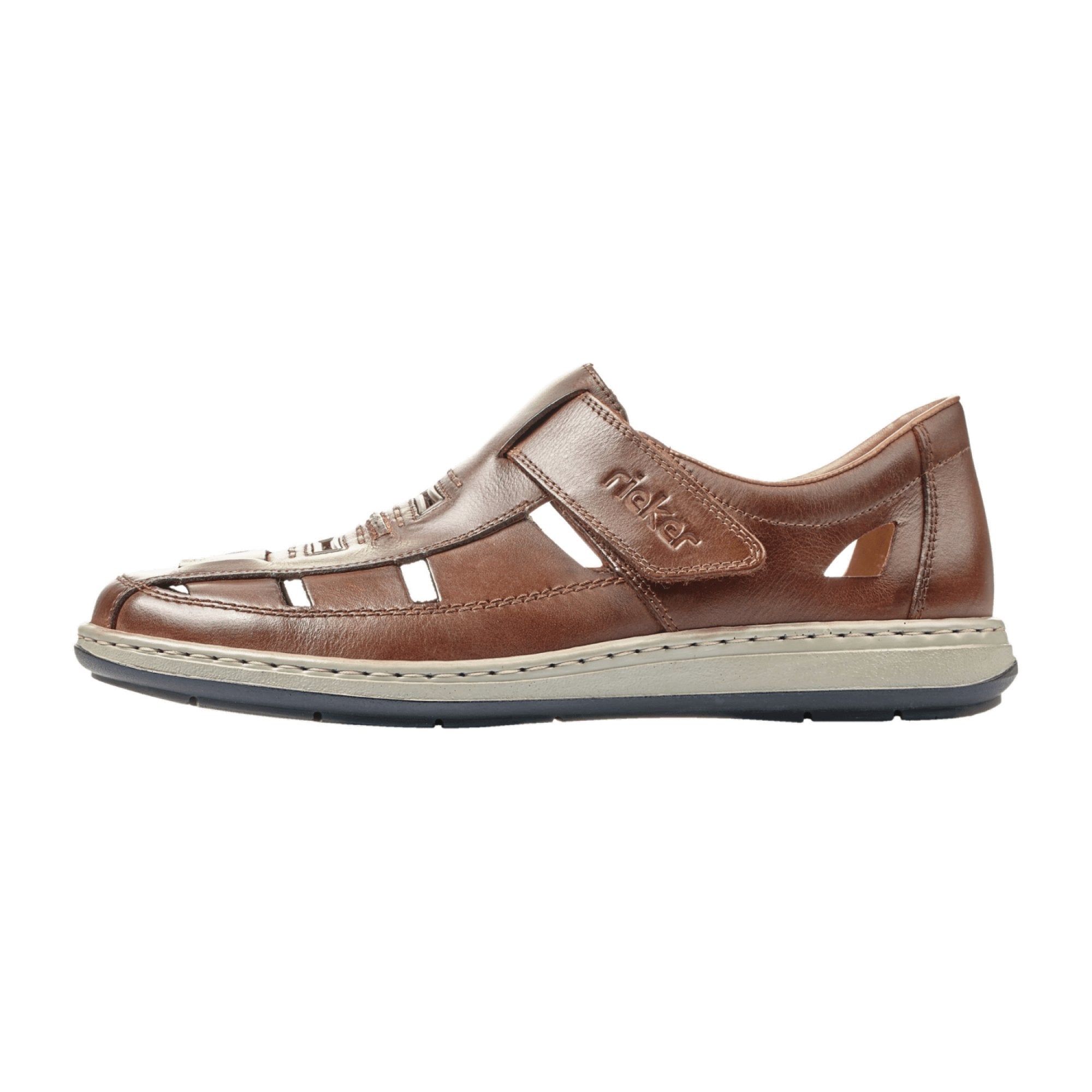 Rieker Comfortable Men's Brown Leather Sandals with Velcro Strap and Cushioned Sole