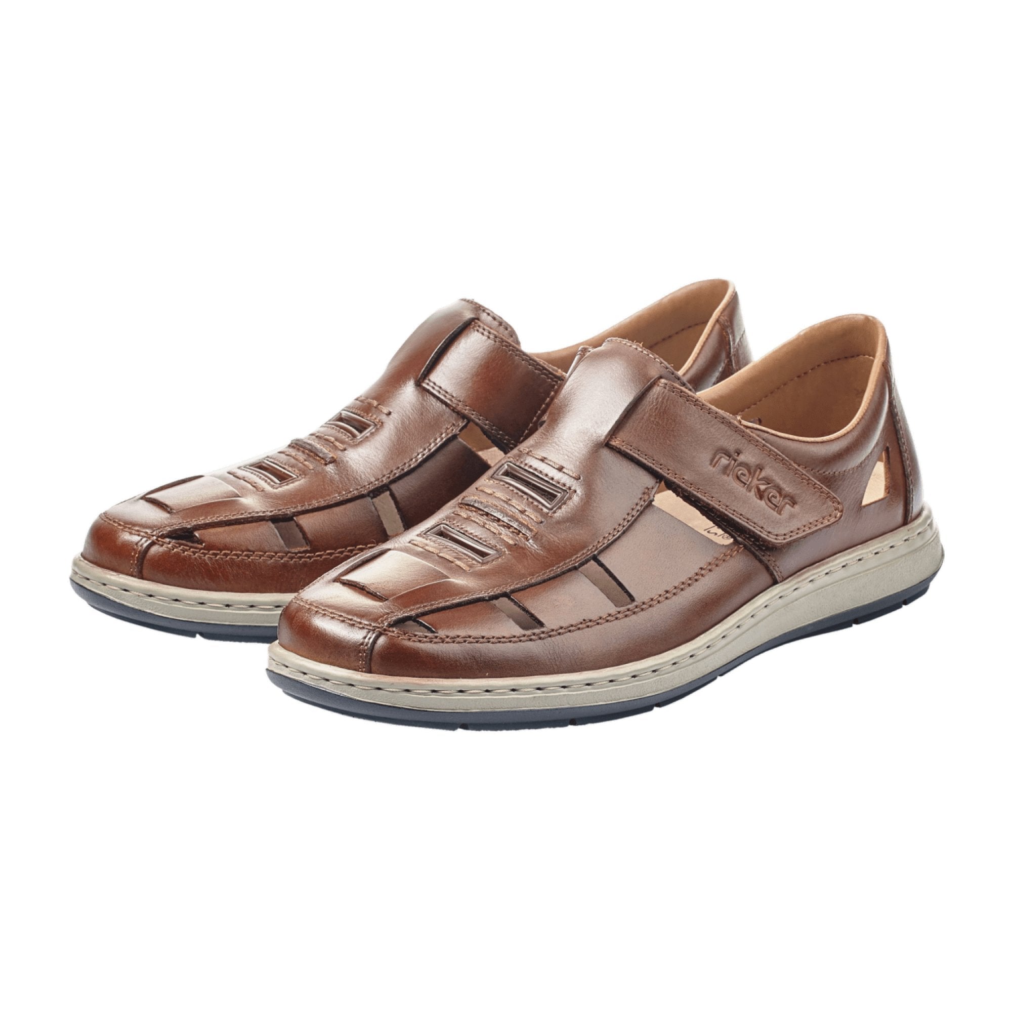 Rieker Comfortable Men's Brown Leather Sandals with Velcro Strap and Cushioned Sole