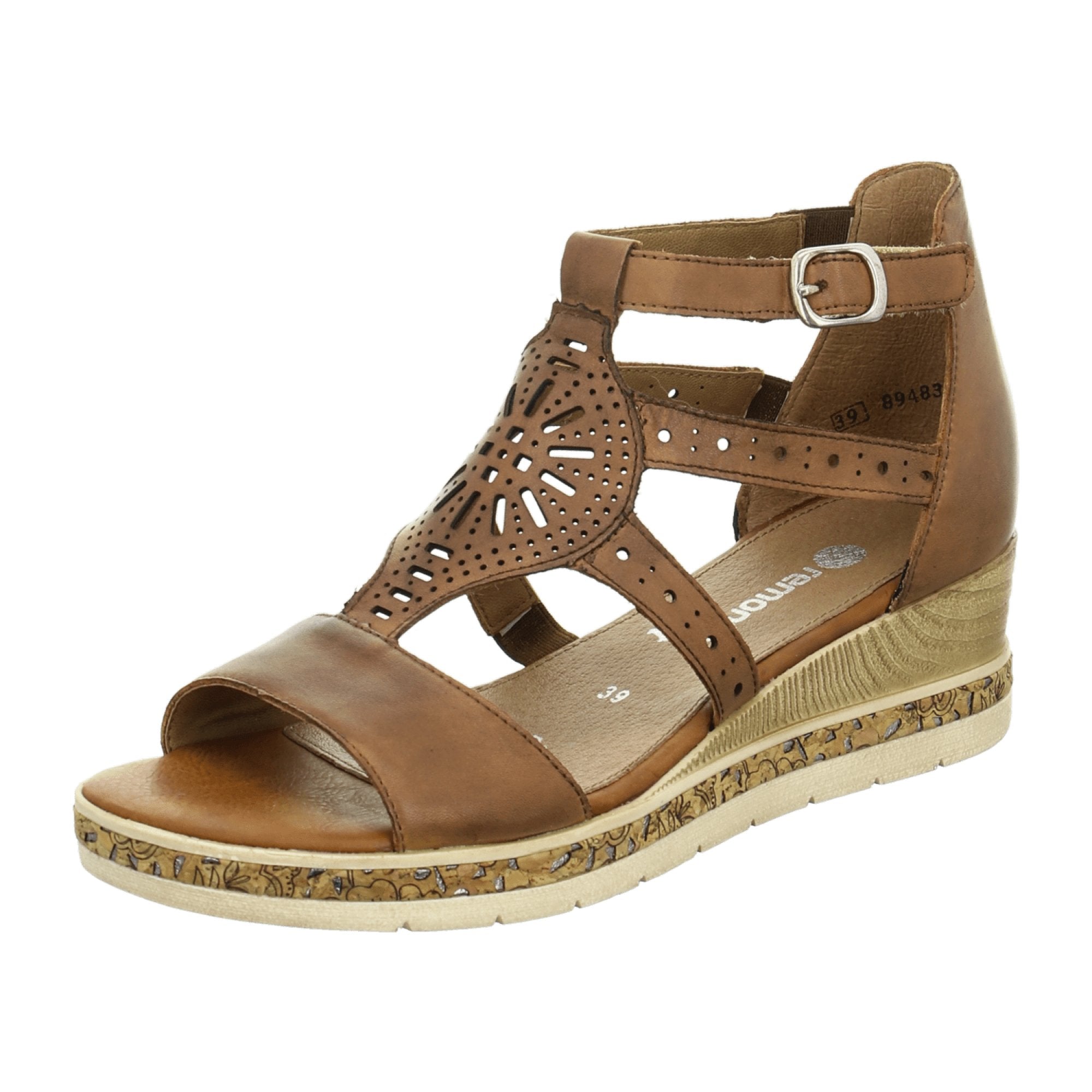 Remonte Women's Brown Leather Wedge Sandals with Velcro Strap and Cushioned Sole