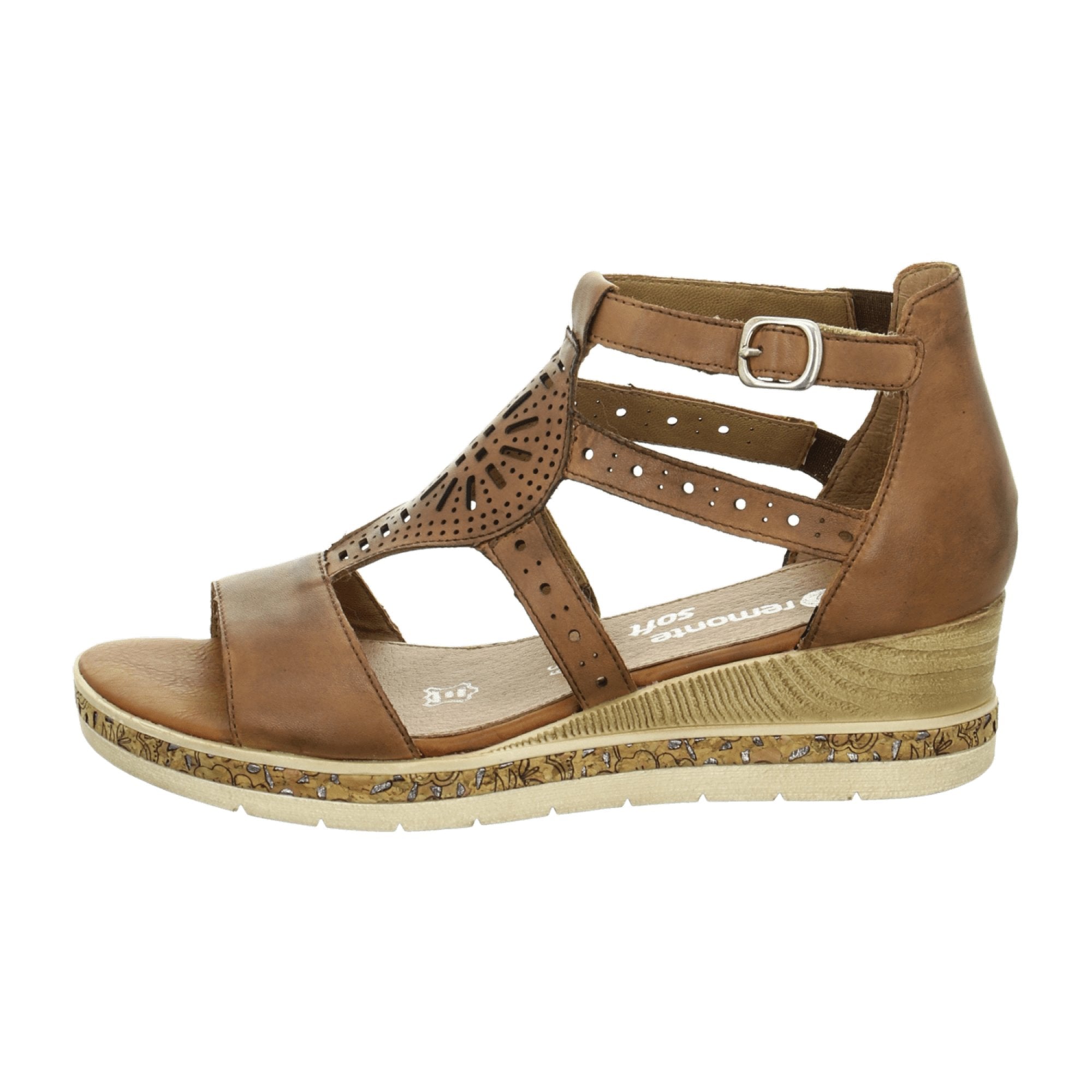 Remonte Women's Brown Leather Wedge Sandals with Velcro Strap and Cushioned Sole