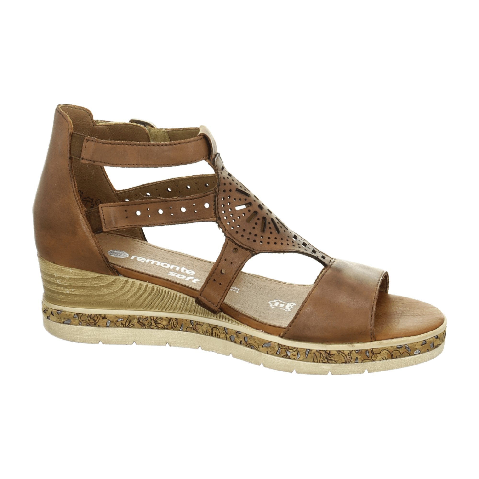 Remonte Women's Brown Leather Wedge Sandals with Velcro Strap and Cushioned Sole