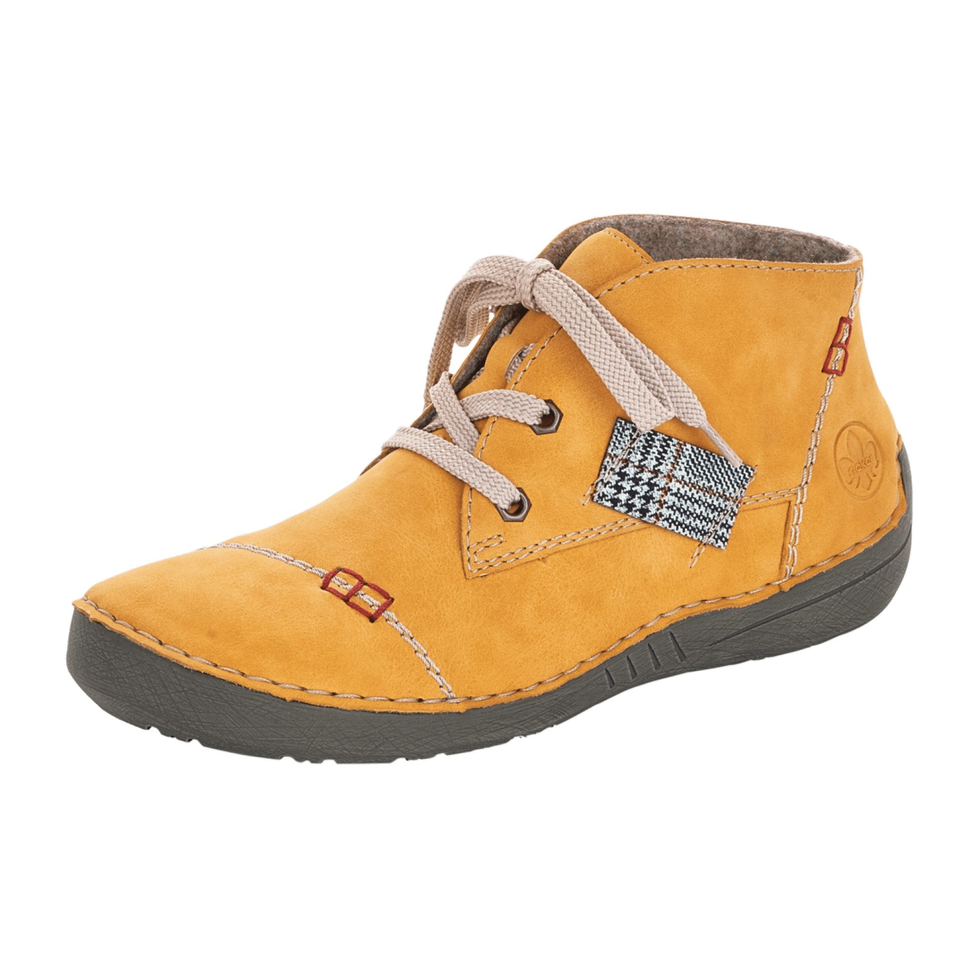 Rieker Women's Yellow Lace-Up Ankle Boots with Warm Lining and Plaid Detail