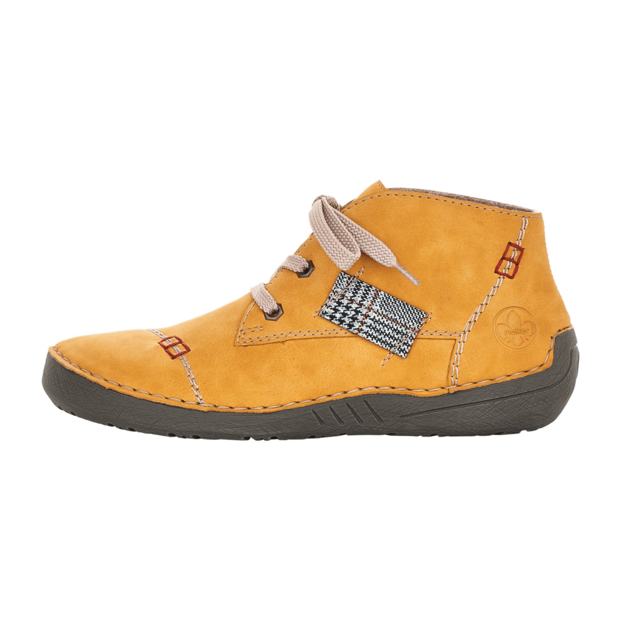 Rieker Women's Yellow Lace-Up Ankle Boots with Warm Lining and Plaid Detail