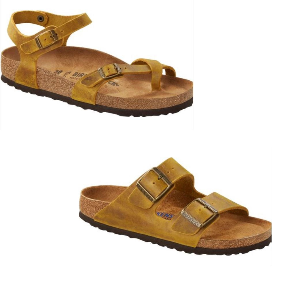 Birkenstock Taormina Arizona Ochre Yellow Sandals Slides Leather Ankle Strap - Bartel-Shop